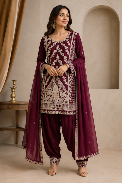 Mustard Yellow Embroidered 3-Piece Suit Set with Trouser & Dupatta
