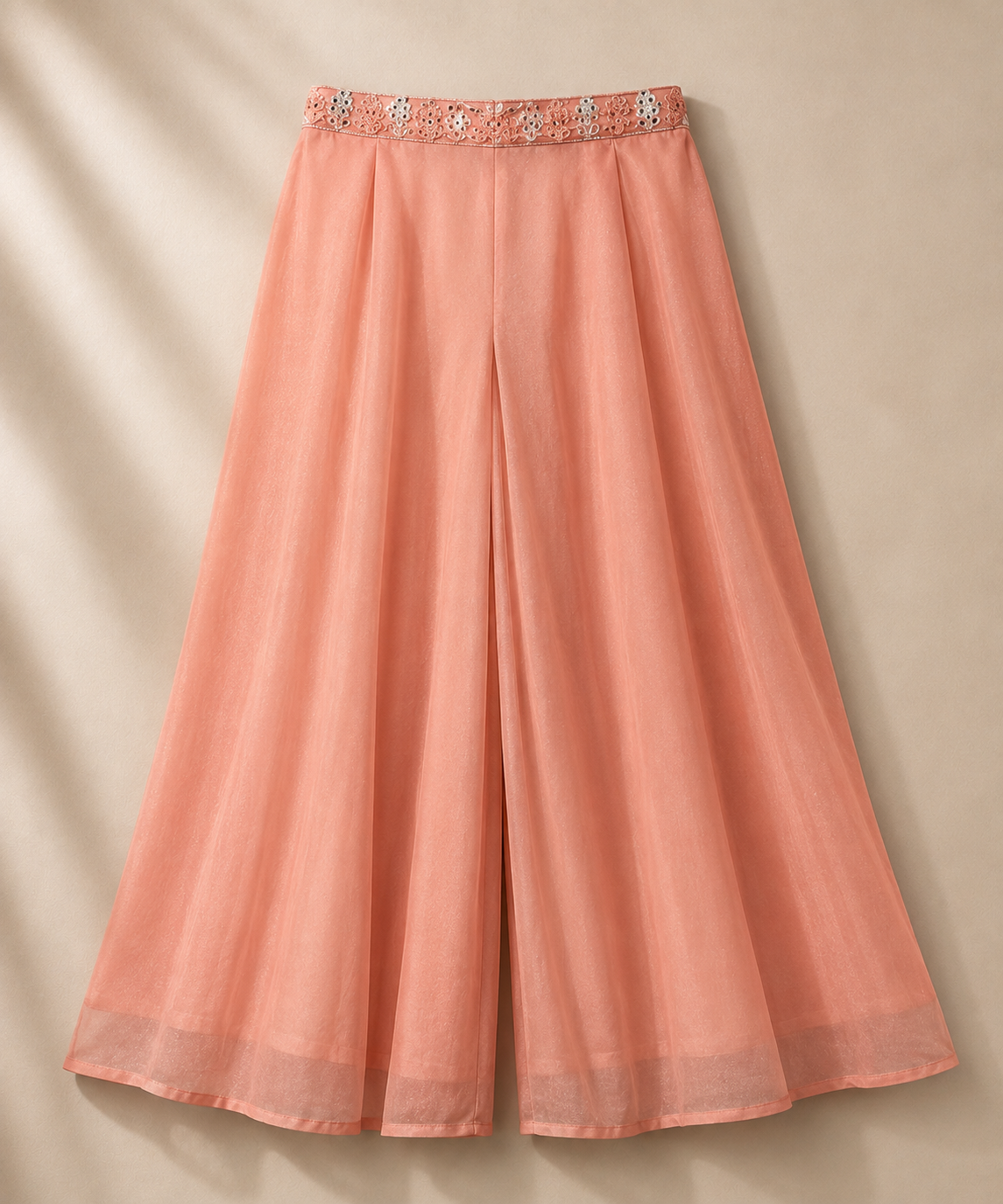 Peach wide-leg palazzo pants with embellished waistband from women's ethnic 3-piece suit set