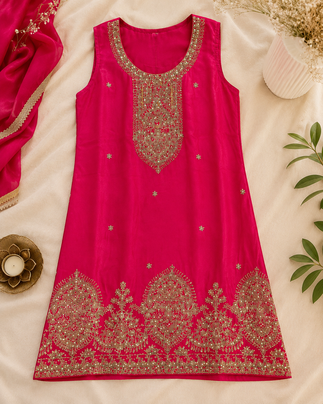 Hot pink sleeveless embroidered kurta with intricate gold embroidery and embellished hem