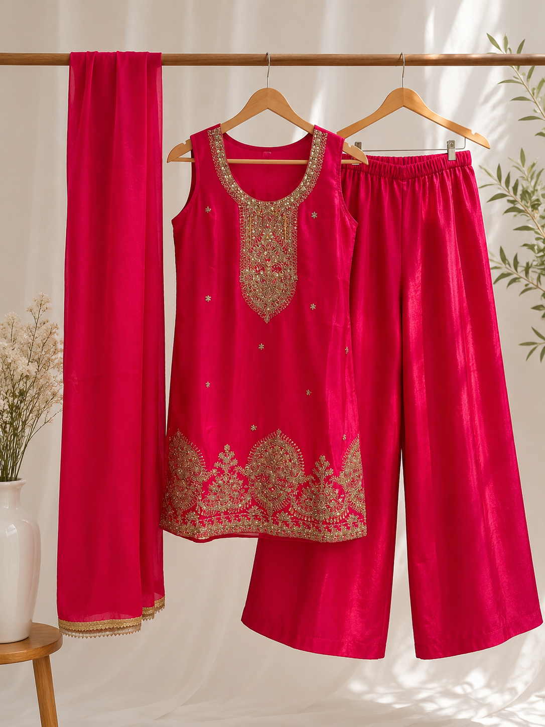 Hot pink embroidered 3 piece kurta trouser and dupatta set hanging on wooden hangers