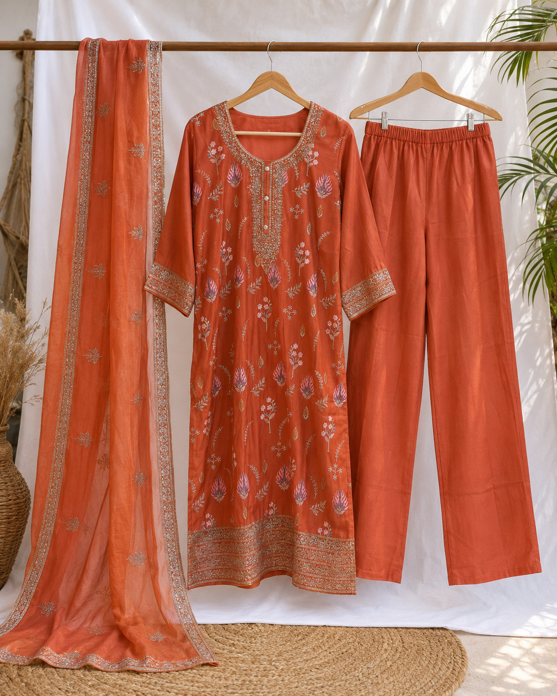 Rust orange embroidered three piece kurta trouser and dupatta set hanging display