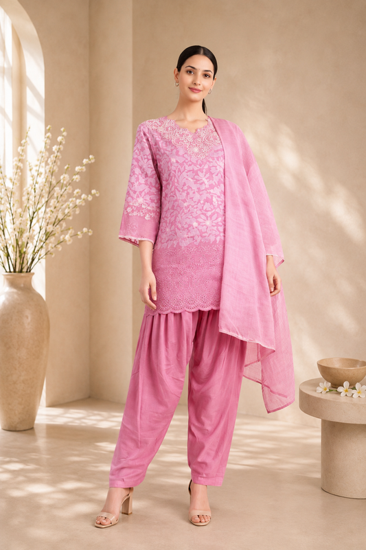 Pink Floral Embroidered Kurta with Farshi & Dupatta Set