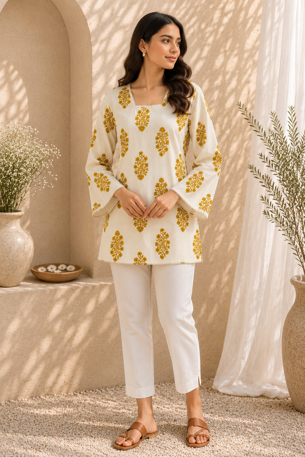 Model wearing ivory short kurti with mustard floral print