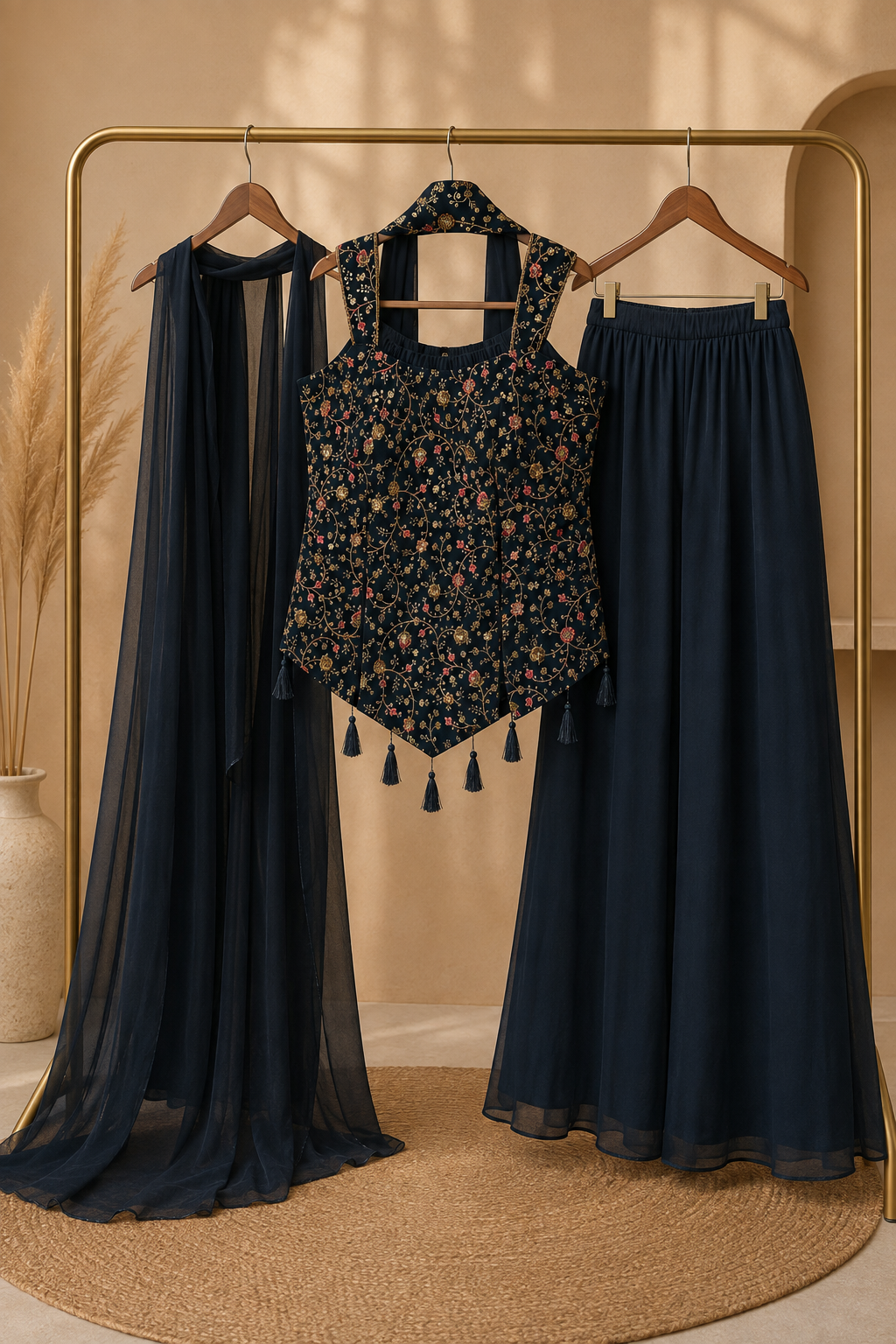 Navy blue embroidered halter top with wide leg palazzo pants and sheer dupatta