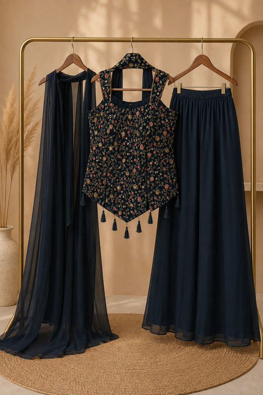 Navy blue embroidered halter top with wide leg palazzo pants and sheer dupatta
