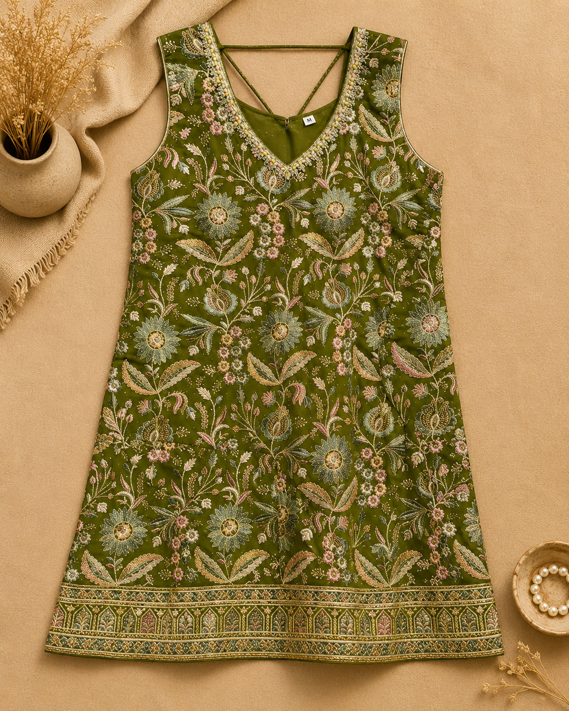 Olive green sleeveless floral embroidered kurta with detailed neckline and decorative hem