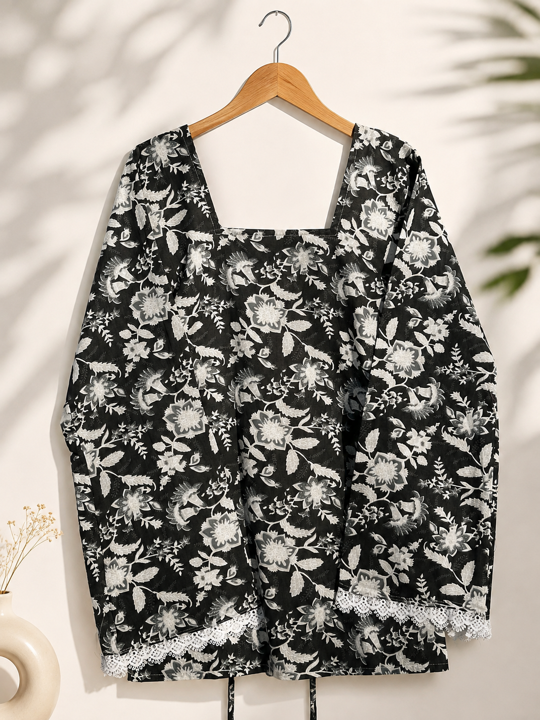 Black and white floral printed kurti with square neckline and lace detailed sleeves