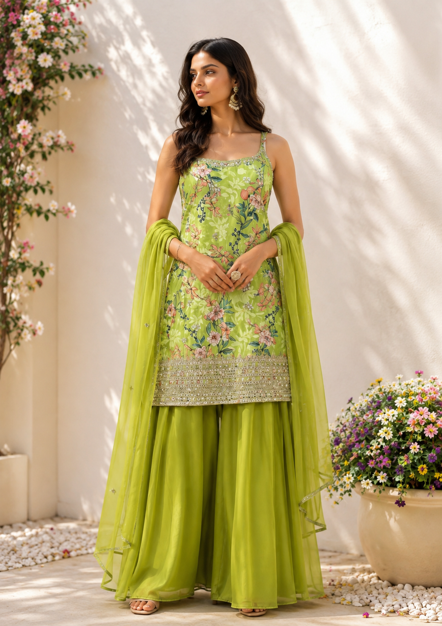 Lime Green Floral Embroidered Sharara Set with Dupatta