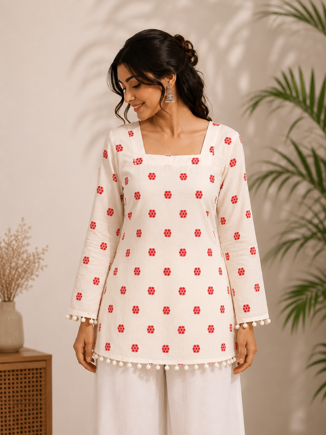 Woman wearing ivory floral printed kurta with red motifs and pom-pom detailing