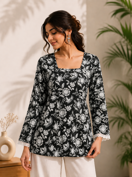 Black and white floral kurti sleeve with delicate white lace trim detailing