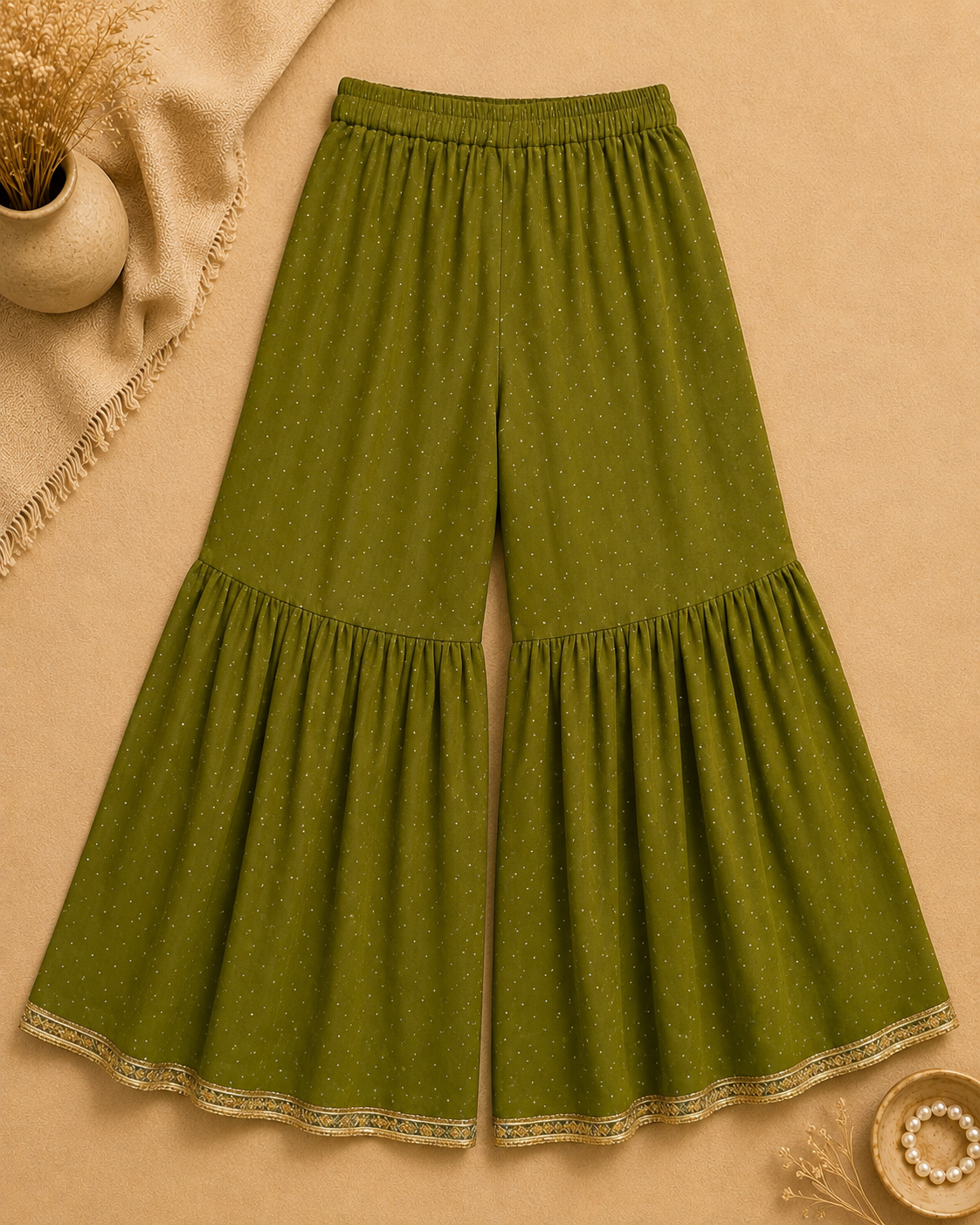 Olive green tiered sharara with dotted embellishments and golden hem border