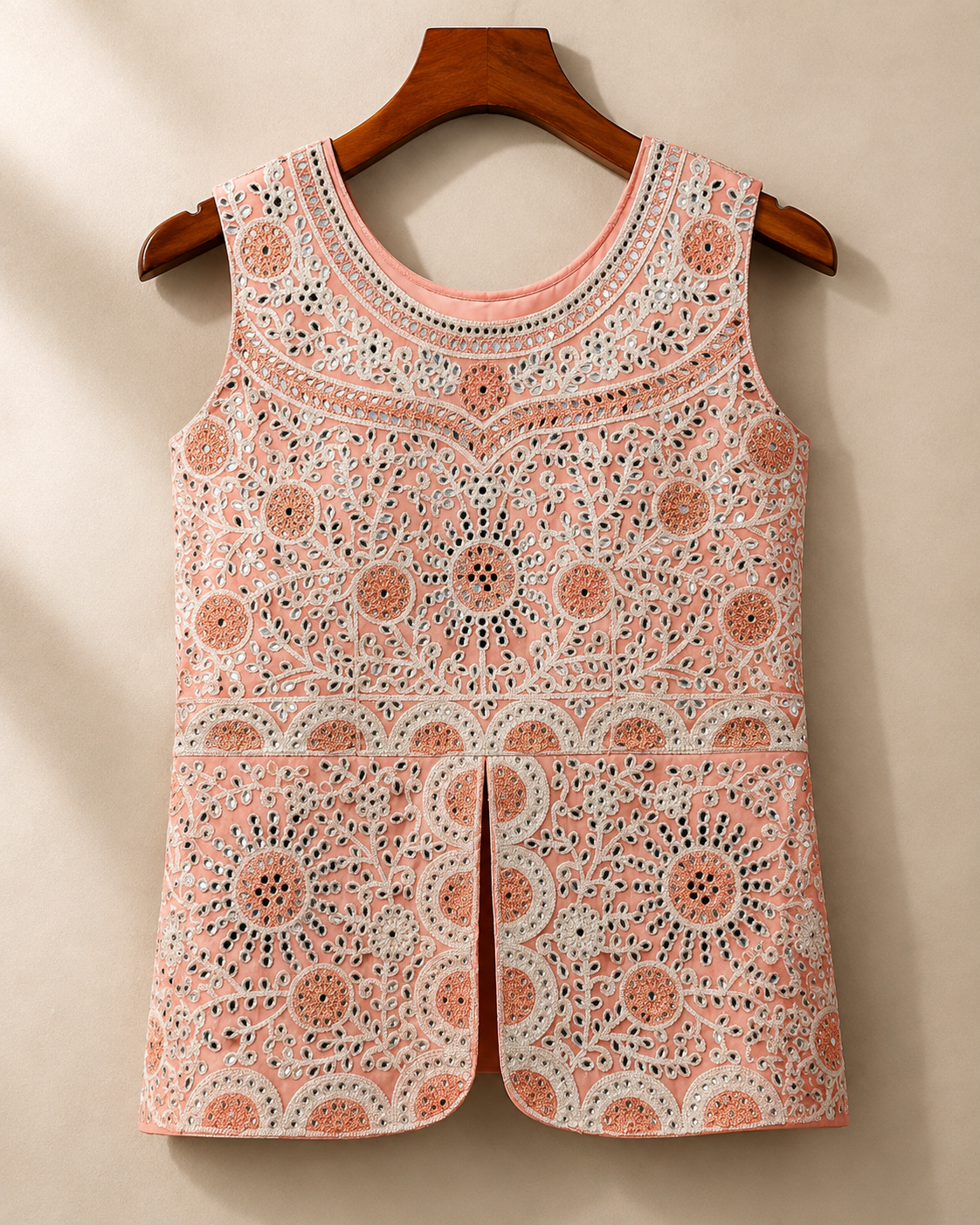 Peach sleeveless embroidered ethnic top with intricate floral embroidery and embellished neckline